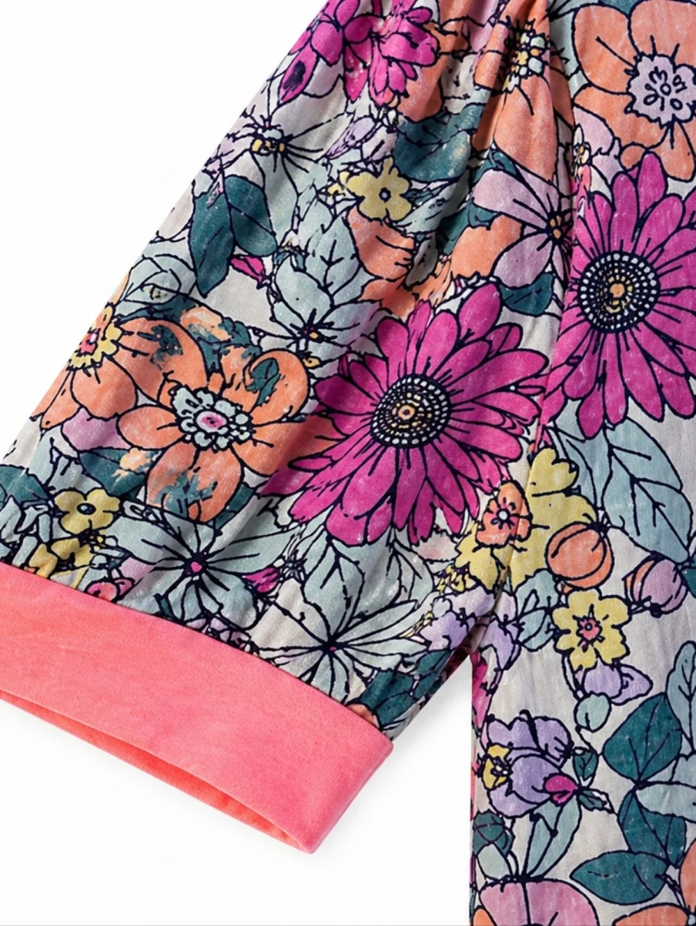 BiB! Multi-color Boho Floral Short Sleeve Top with Coral Trim Sz.M Casual Tee - Picture 3 of 8